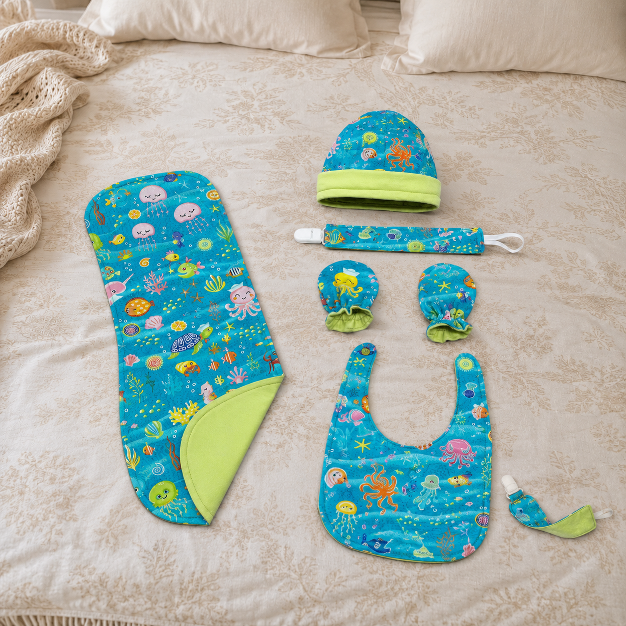 Green Ocean Baby Gift Set – Handmade Newborn Essentials (0–3 Months)