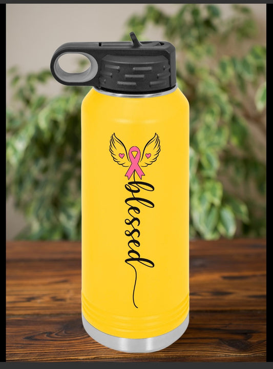 Breast Cancer BLESSED Water Bottle, Customizable 20oz Hydration Flask, Inspirational Gift, Fitness Motivator, Eco-Friendly Travel Mug, Personalized Water
