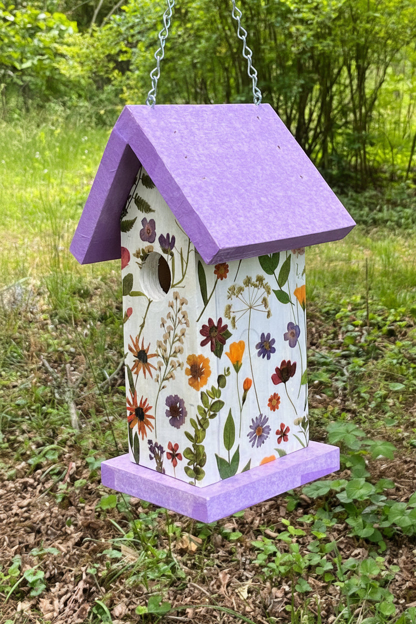 Handmade Purple Wildflower Wooden Birdhouse