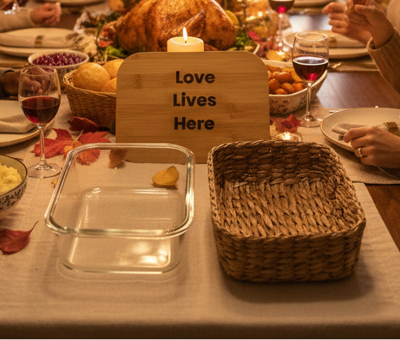 "Love Lives Here" Glass Food Storage Container with Engraved Bamboo Lid & Wicker Basket – 51.4 oz (Copy) (Copy)