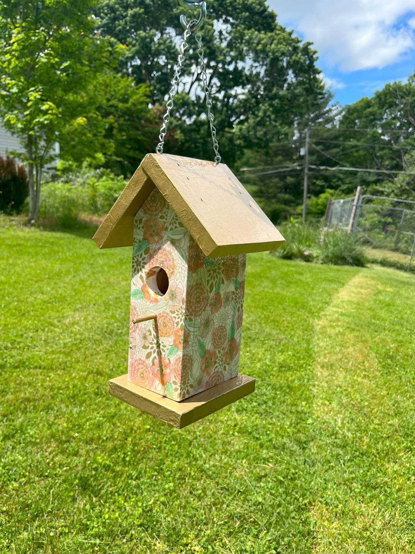Handmade Gold Floral Birdhouse, Summer Garden Decor, Wooden Hanging Nesting Box, Beautiful Decoupage Yard Art