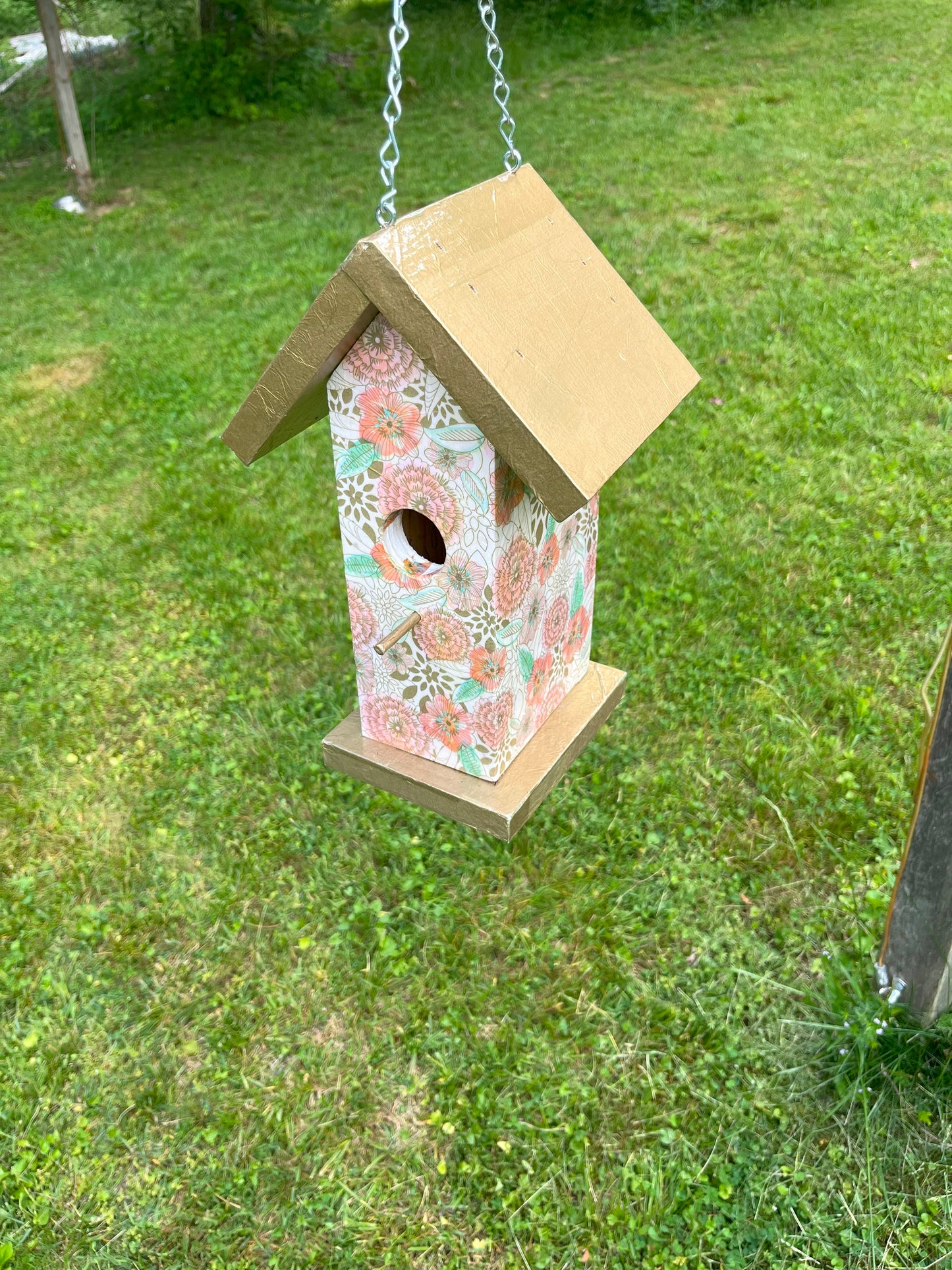Handmade Gold Floral Birdhouse, Summer Garden Decor, Wooden Hanging Nesting Box, Beautiful Decoupage Yard Art