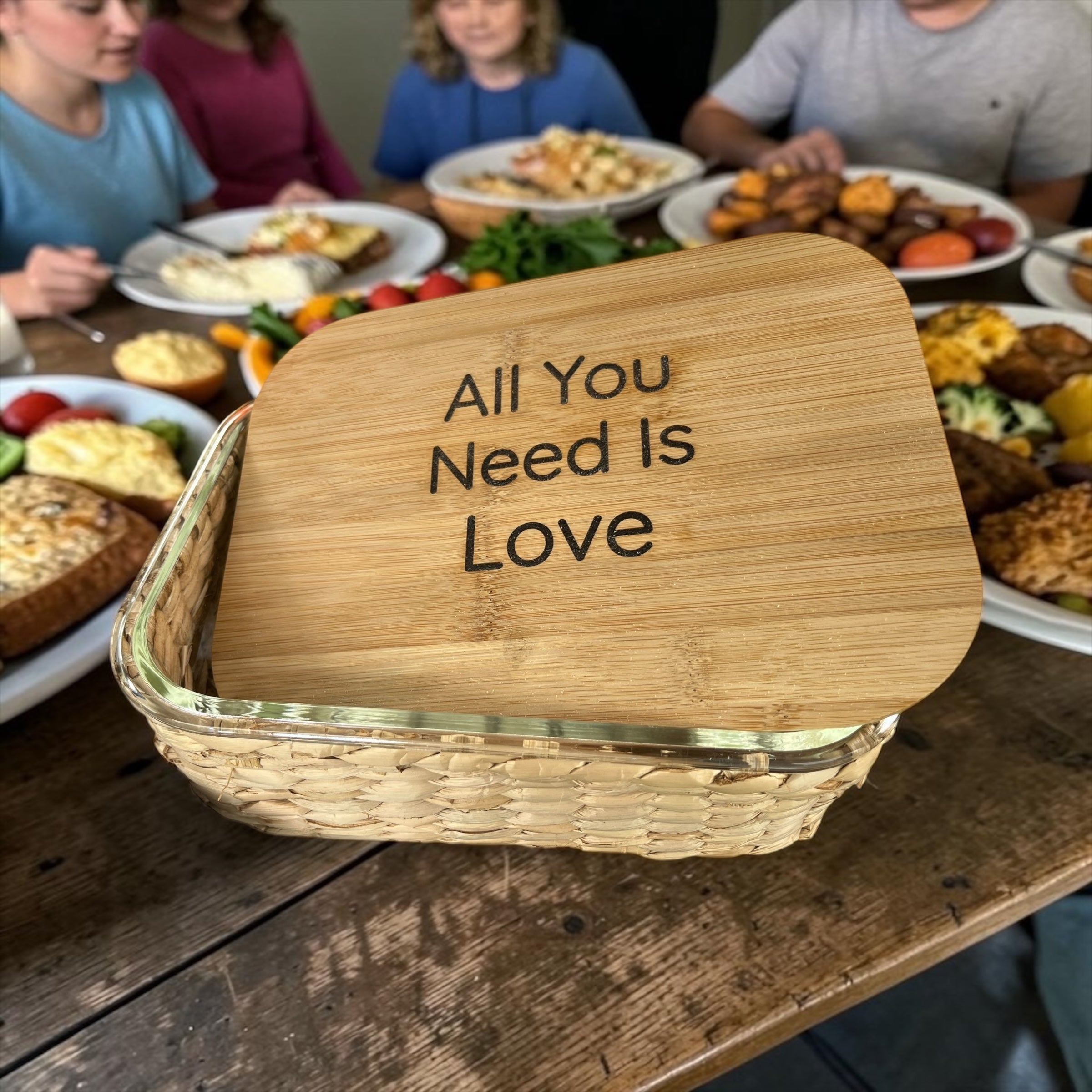 "All You Need Is Love" Glass Food Storage Container with Engraved Bamboo Lid & Wicker Basket – 51.4 oz
