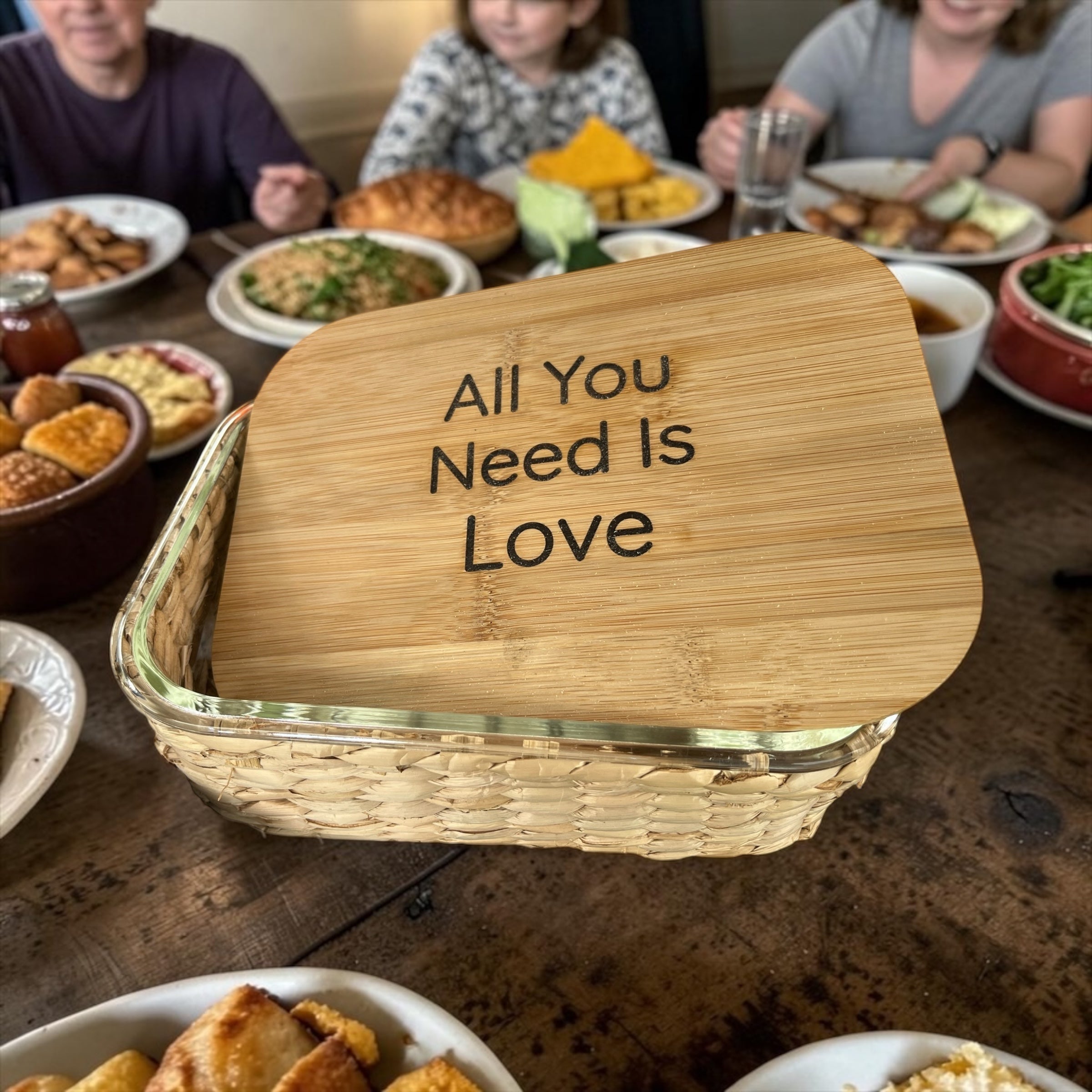 "All You Need Is Love" Glass Food Storage Container with Engraved Bamboo Lid & Wicker Basket – 51.4 oz