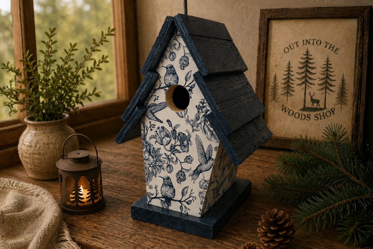 Classic Blue Hummingbird Pattern Wood Birdhouse