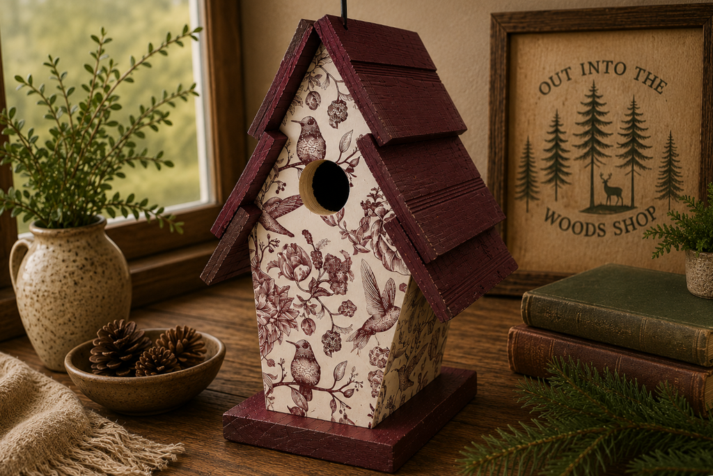 Classic Burgundy Hummingbird Pattern Wood Birdhouse