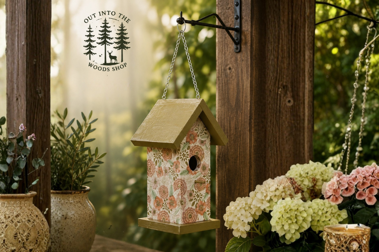 Gold Floral Pattern Wood Birdhouse