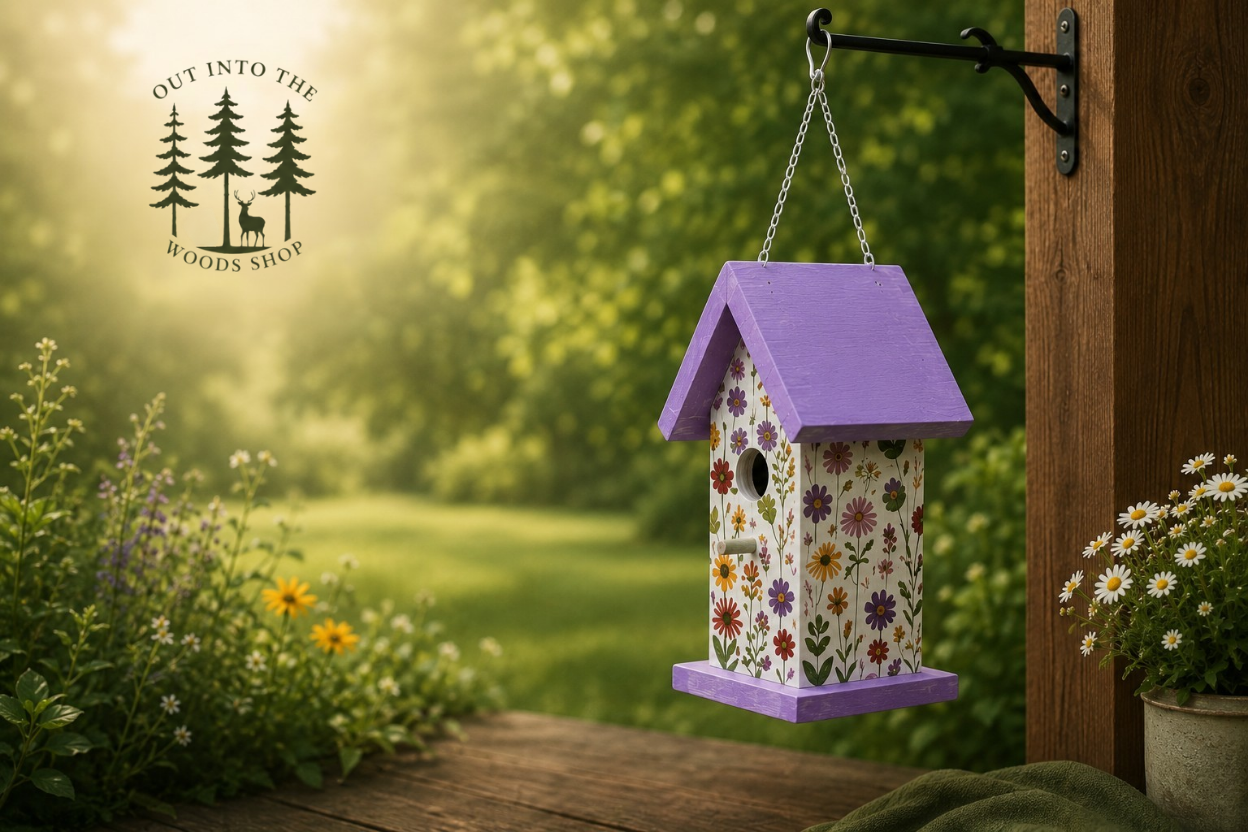 Purple Wildflower Pattern Wood Birdhouse