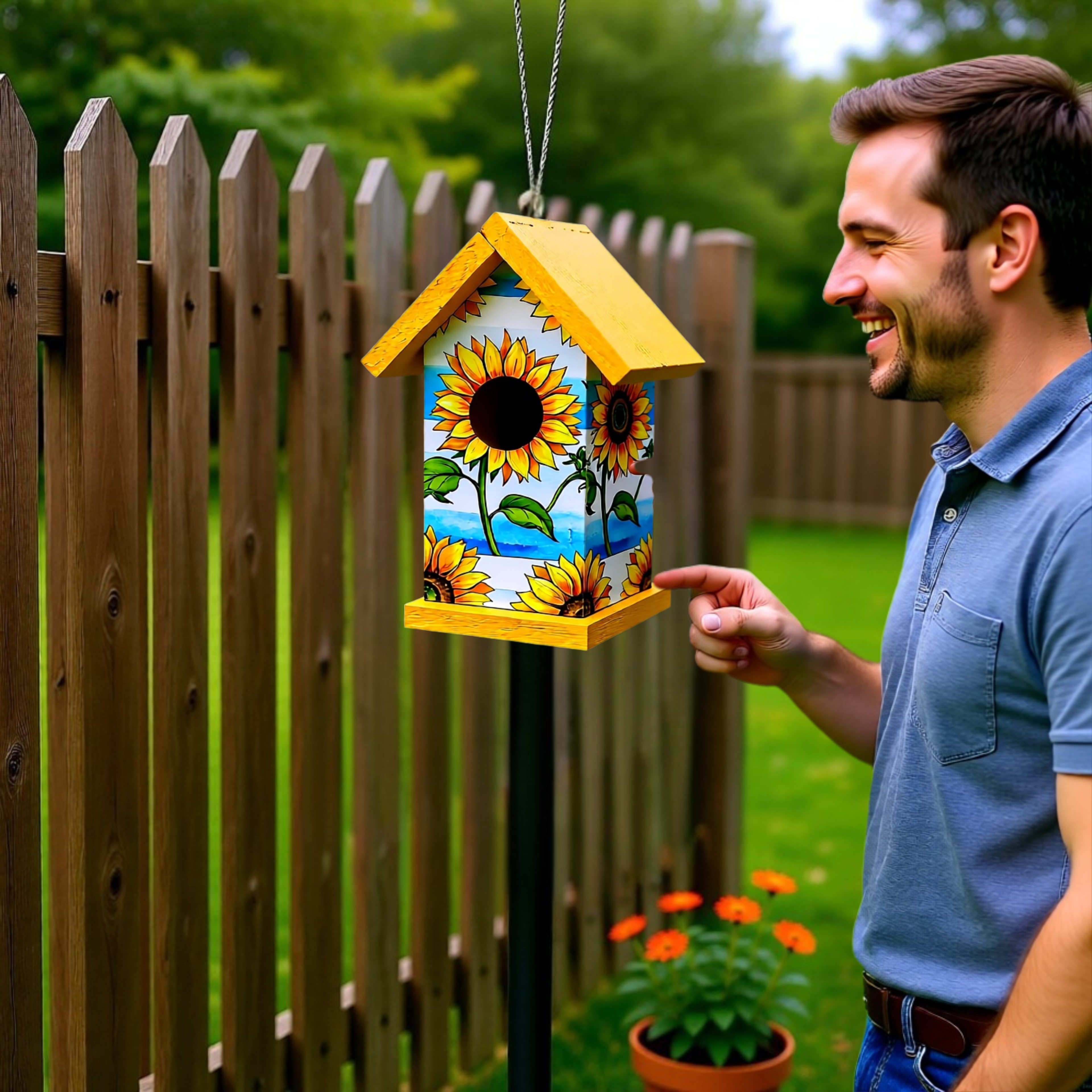 Sunflower & Blue Sky Birdhouse – Handcrafted Reclaimed Wood Decoupaged Birdhouse