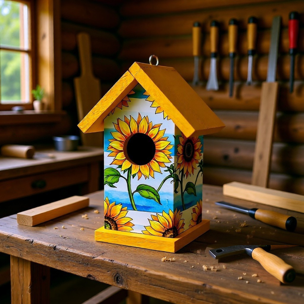 Sunflower & Blue Sky Birdhouse – Handcrafted Reclaimed Wood Decoupaged Birdhouse