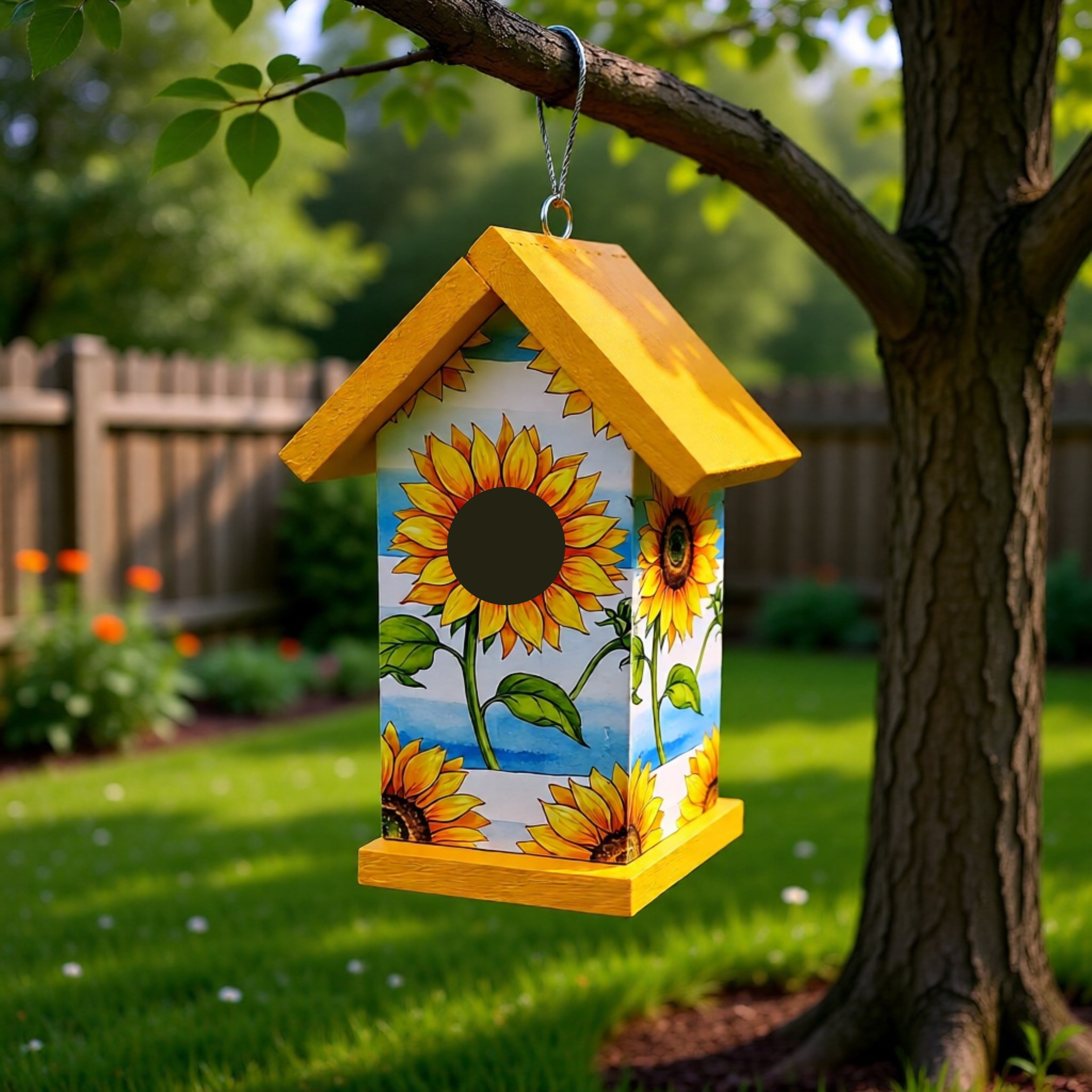 Sunflower & Blue Sky Birdhouse – Handcrafted Reclaimed Wood Decoupaged Birdhouse