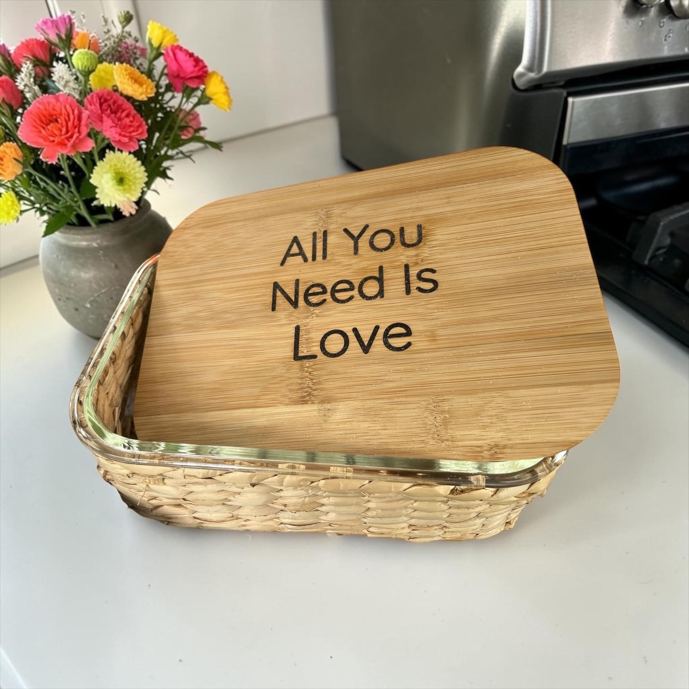 "All You Need Is Love" Glass Food Storage Container with Engraved Bamboo Lid & Wicker Basket – 51.4 oz