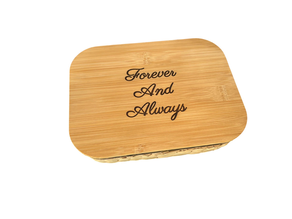 "Forever and Always" Glass Food Storage Container with Engraved Bamboo Lid & Wicker Basket – 51.4 oz (Copy)