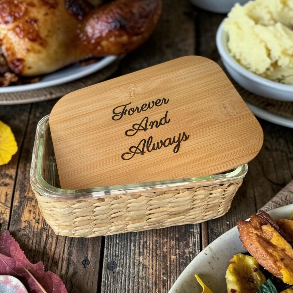 "Forever and Always" Glass Food Storage Container with Engraved Bamboo Lid & Wicker Basket – 51.4 oz (Copy)