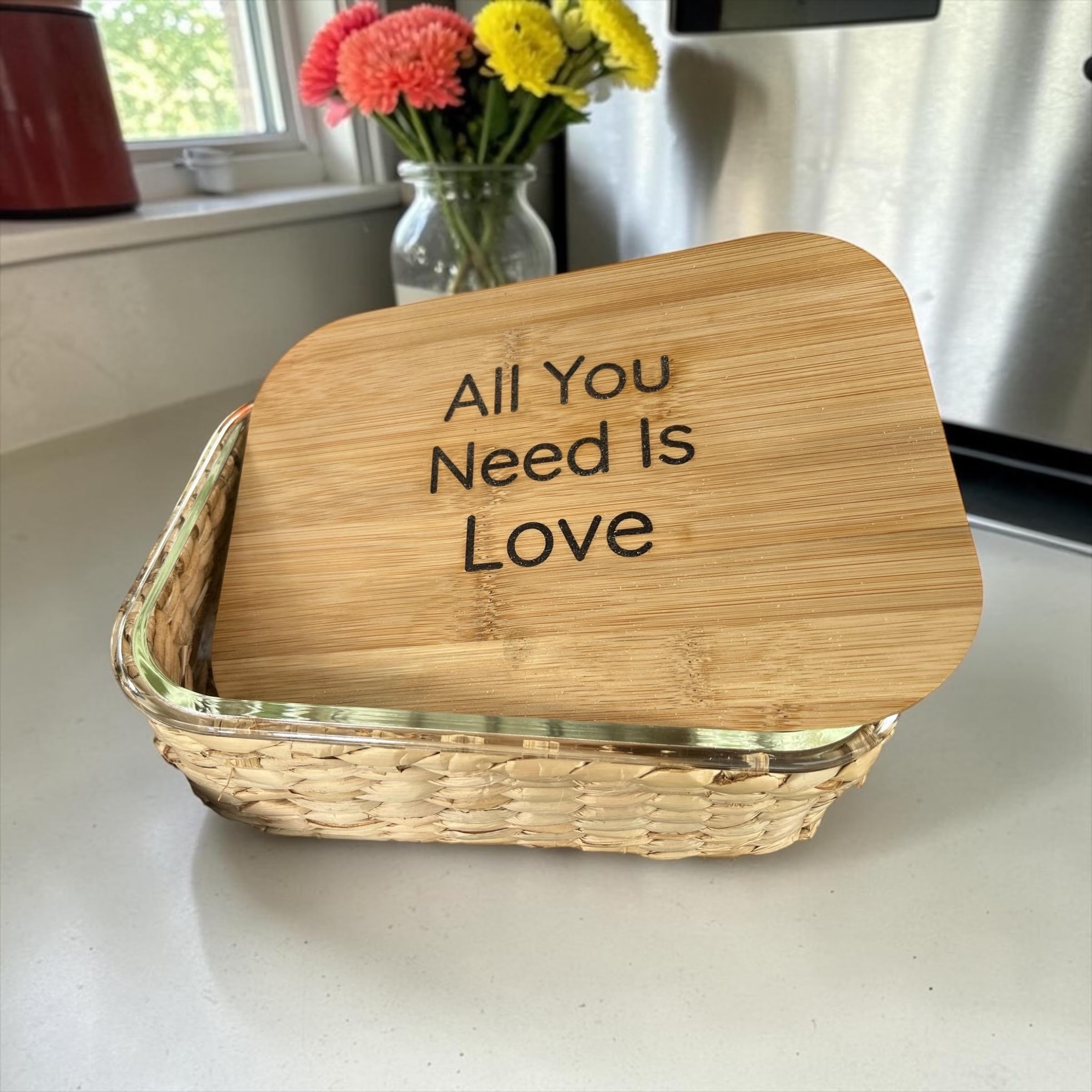 "All You Need Is Love" Glass Food Storage Container with Engraved Bamboo Lid & Wicker Basket – 51.4 oz