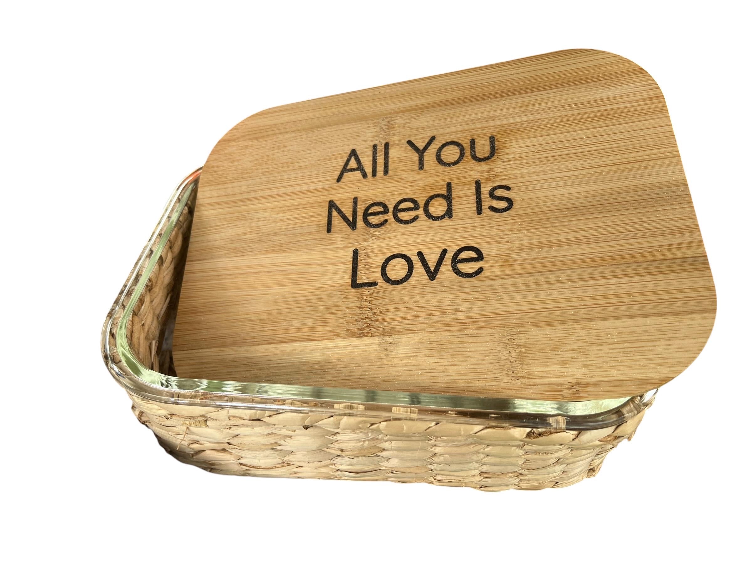 "All You Need Is Love" Glass Food Storage Container with Engraved Bamboo Lid & Wicker Basket – 51.4 oz