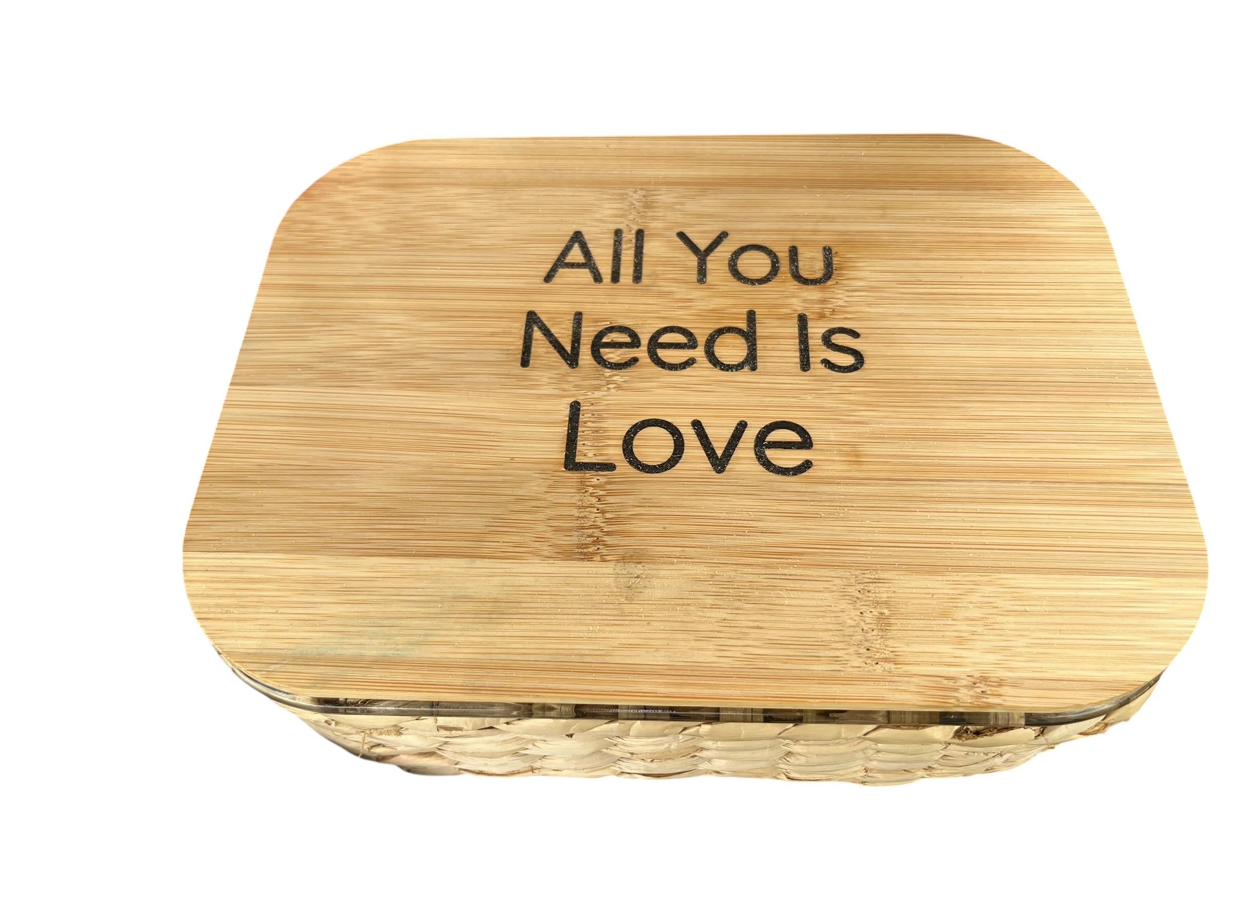 "All You Need Is Love" Glass Food Storage Container with Engraved Bamboo Lid & Wicker Basket – 51.4 oz
