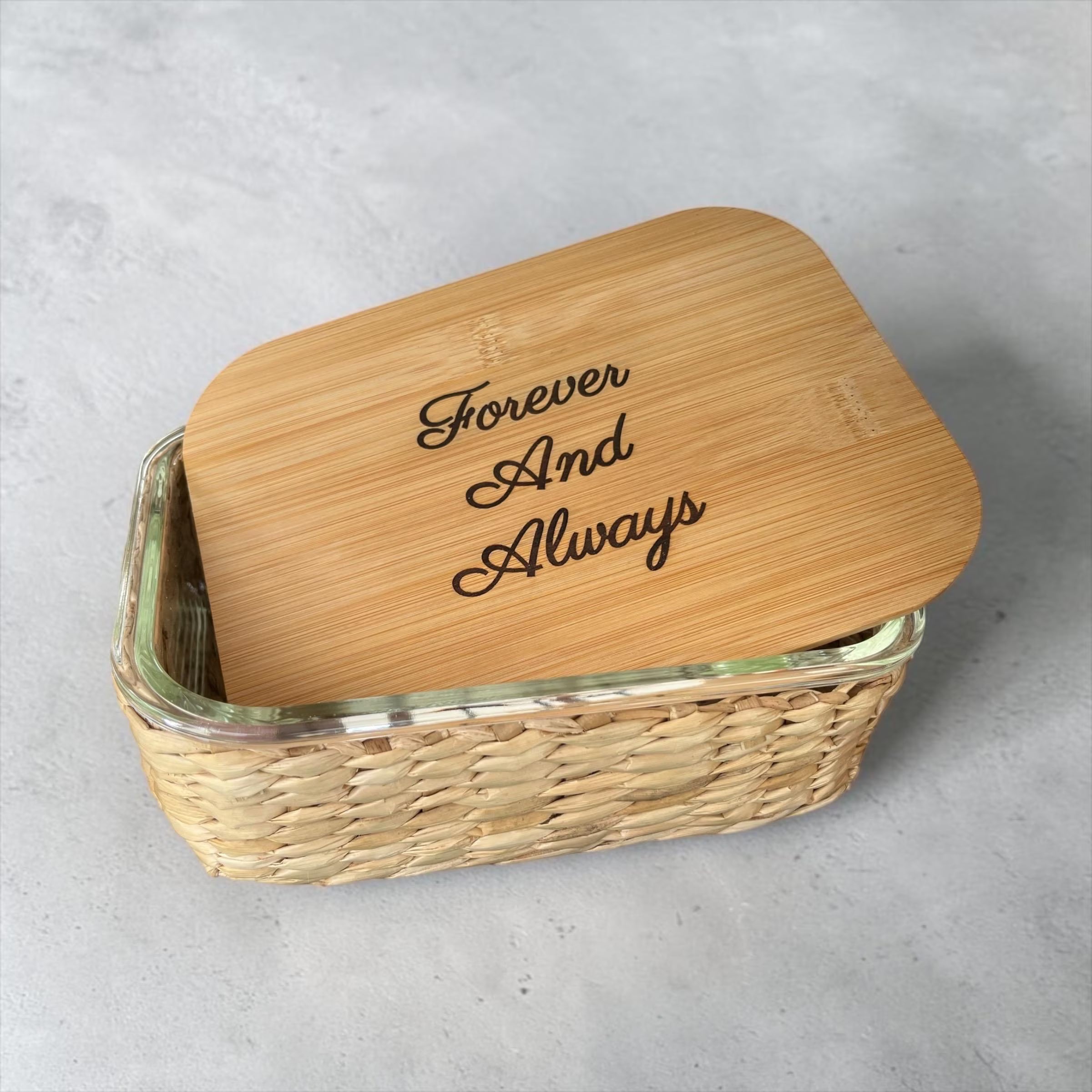 "Forever and Always" Glass Food Storage Container with Engraved Bamboo Lid & Wicker Basket – 51.4 oz (Copy)