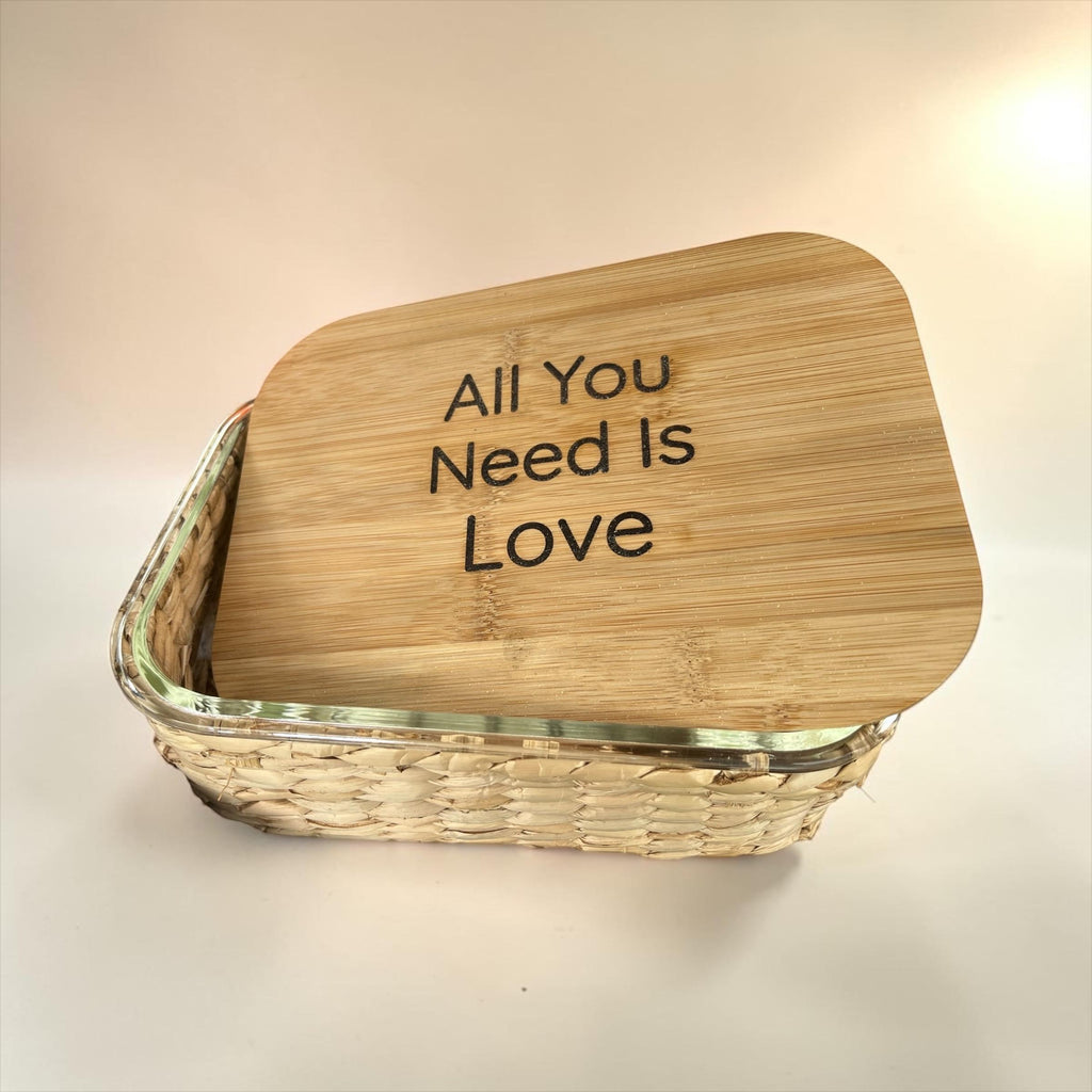 "All You Need Is Love" Glass Food Storage Container with Engraved Bamboo Lid & Wicker Basket – 51.4 oz