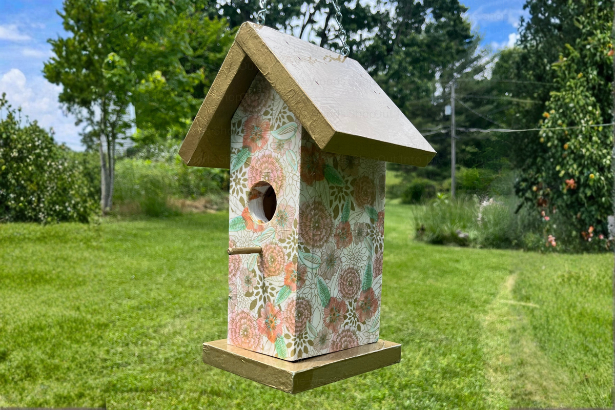 Gold Floral Pattern Wood Birdhouse