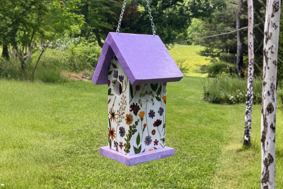 Purple Wildflower Pattern Wood Birdhouse